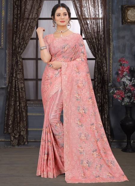 Gajari Colour Latest Fancy Party Wear Orgenza Digital Print With Embroidered Saree Collection 1090
